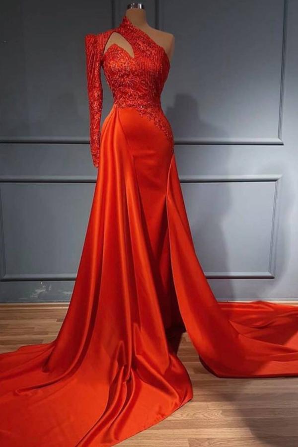 Red Long Sleeves Lace Prom Dress Mermaid - Fashionpara