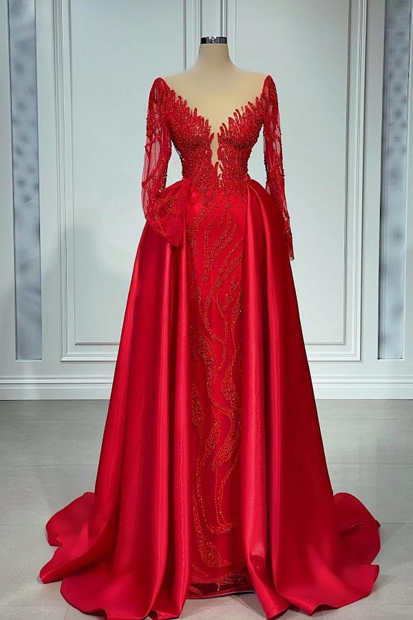 Red Long Sleeves Prom Dress Mermaid With Beadings Overskirt - Fashionpara