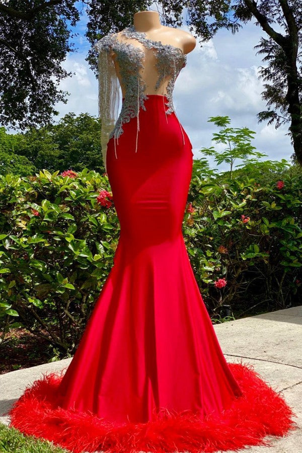 Red Mermaid Prom Dress One Shoulder Long Sleeve With Feather - Fashionpara