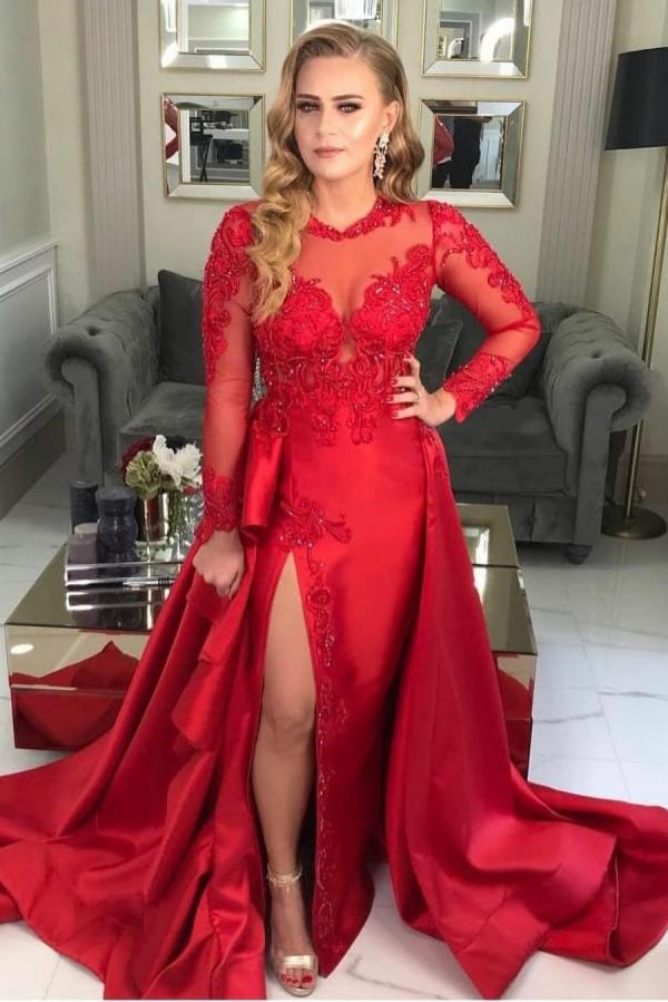 Red Mermaid Prom Dress Overskirt With Appliques Beadings - Fashionpara