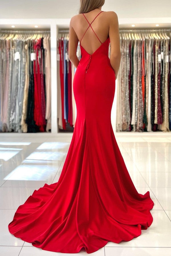 Red Mermaid Prom Dress Spaghetti-Straps Sleeveless - Fashionpara