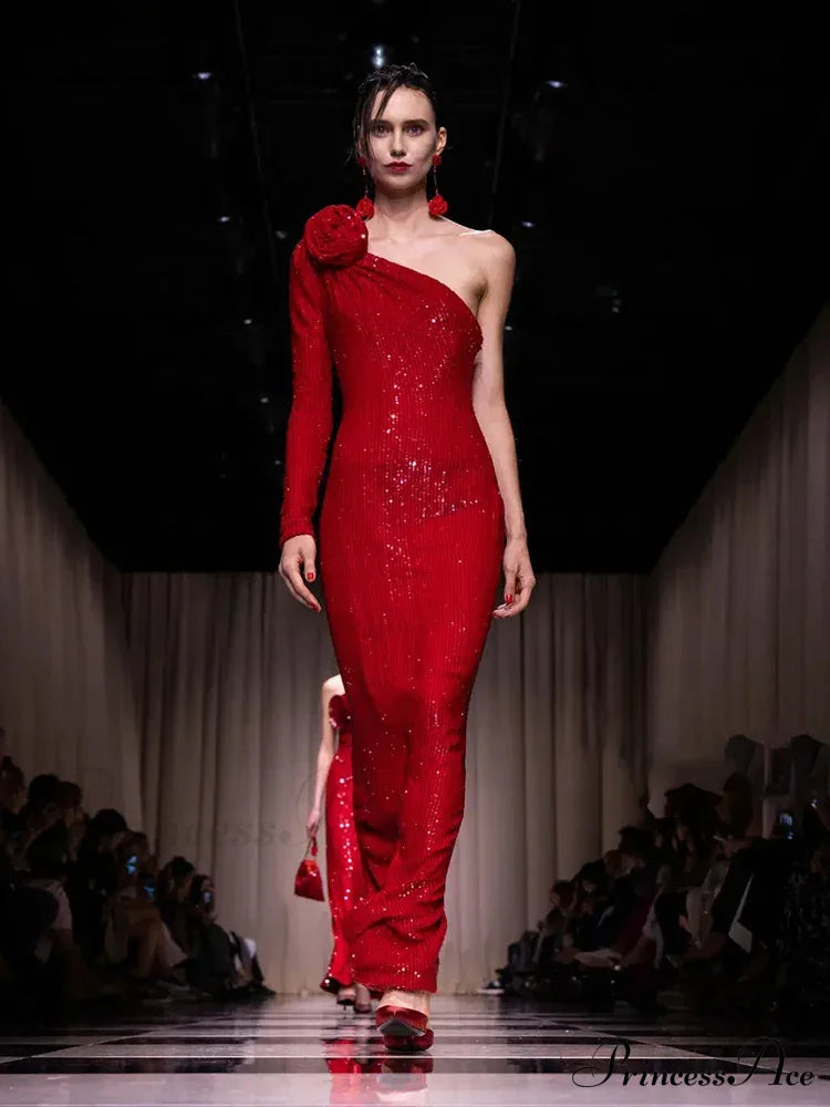 Red One-Shoulder Sequin Party Dress
