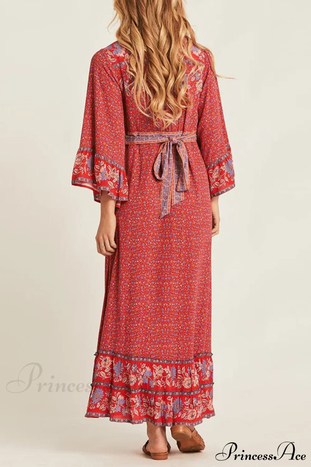 Red Rayon Floral Print V-neck Adjustable Belt Boho Dress