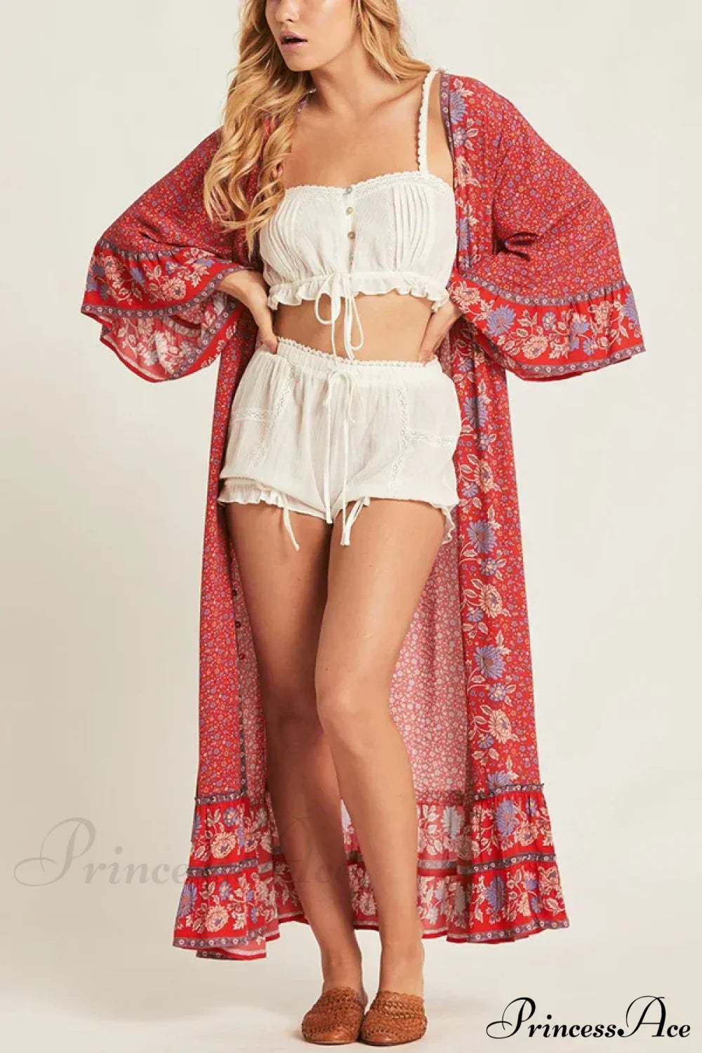 Red Rayon Floral Print V-neck Adjustable Belt Boho Dress