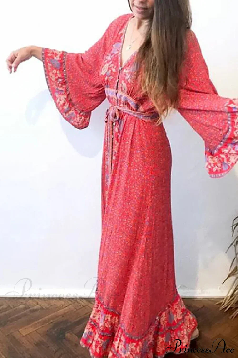 Red Rayon Floral Print V-neck Adjustable Belt Boho Dress