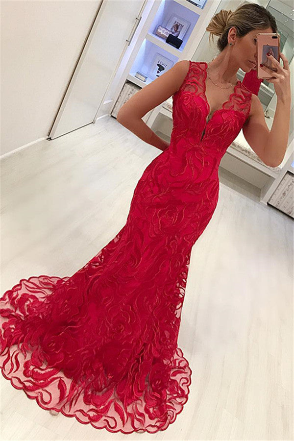 Red Sleeveless Mermaid Prom Dress With Lace Evening Gowns - Fashionpara
