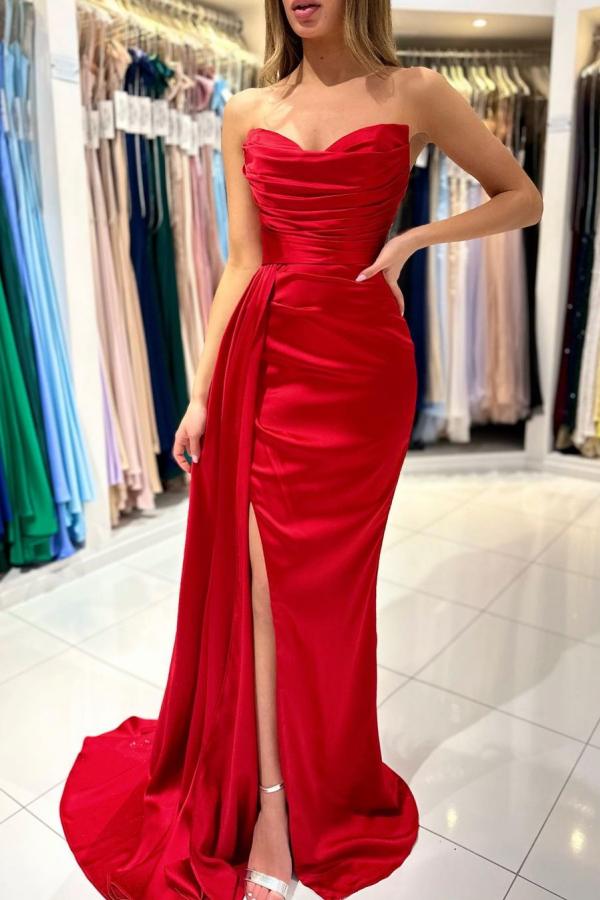 Red Strapless Prom Dress Mermaid Slit With Pleats - Fashionpara
