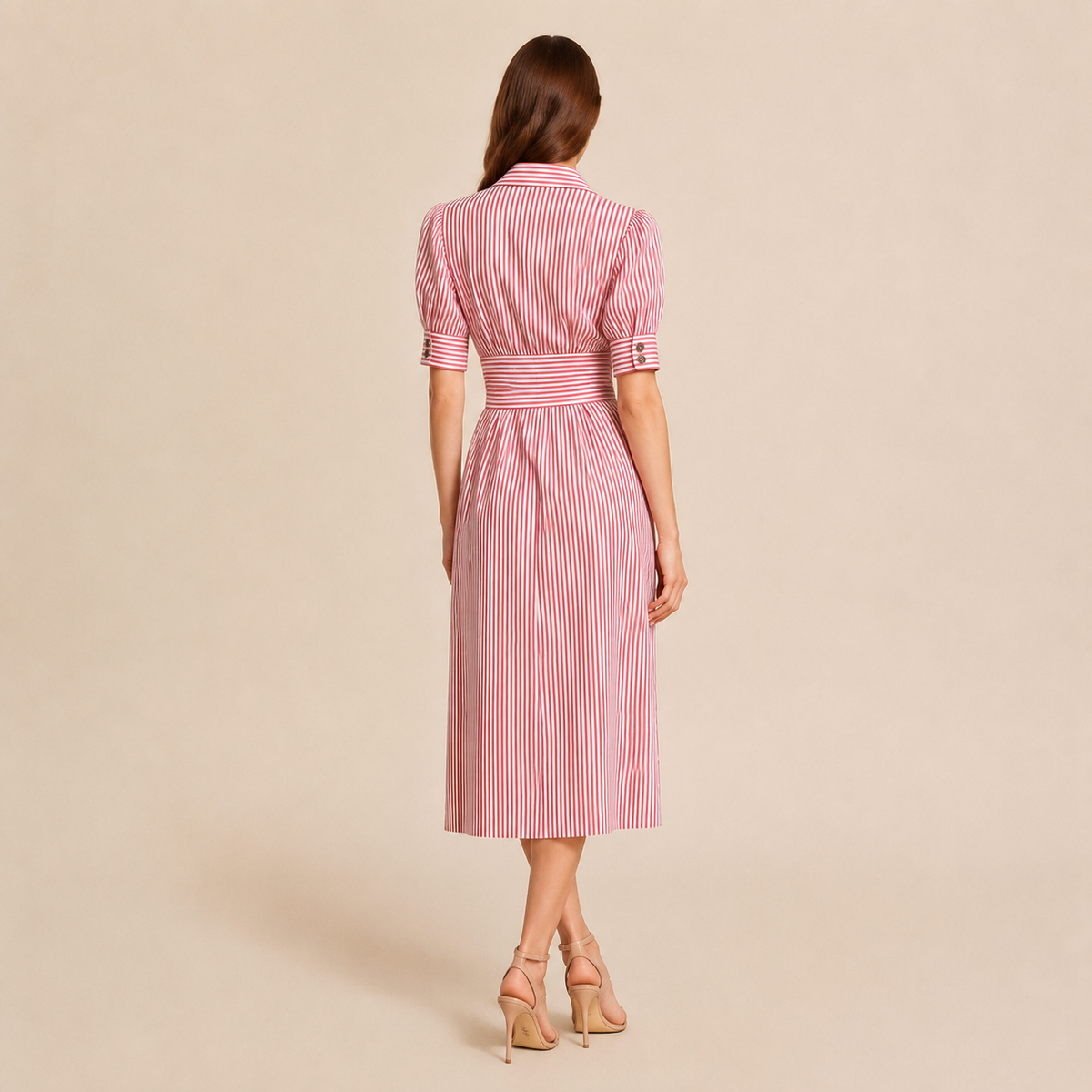 Striped Collared Puff Sleeve Button Front Belted Midi Dress 6