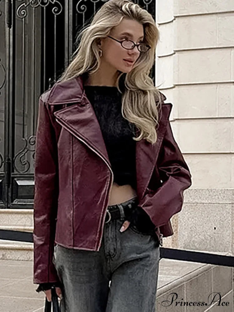 Red Turn-Down Collar PU Leather Coat