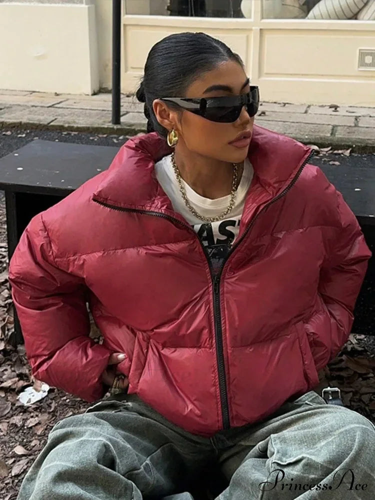 Red Turn-Down Collar Zipper Coat