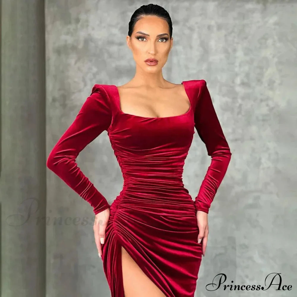 Red Velvet Elegant Midi Christmas Party Dress Burgundy / S Dresses-L
