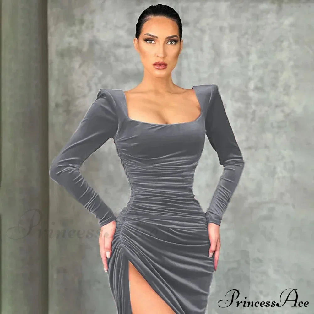 Red Velvet Elegant Midi Christmas Party Dress Dark Grey / S Dresses-L