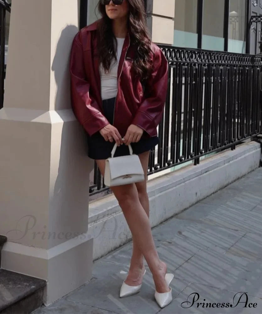 Red Wine Leather Lapel Coat - Fashionpara