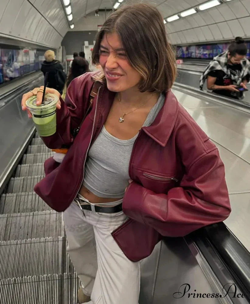 Red Wine Leather Lapel Coat - Fashionpara