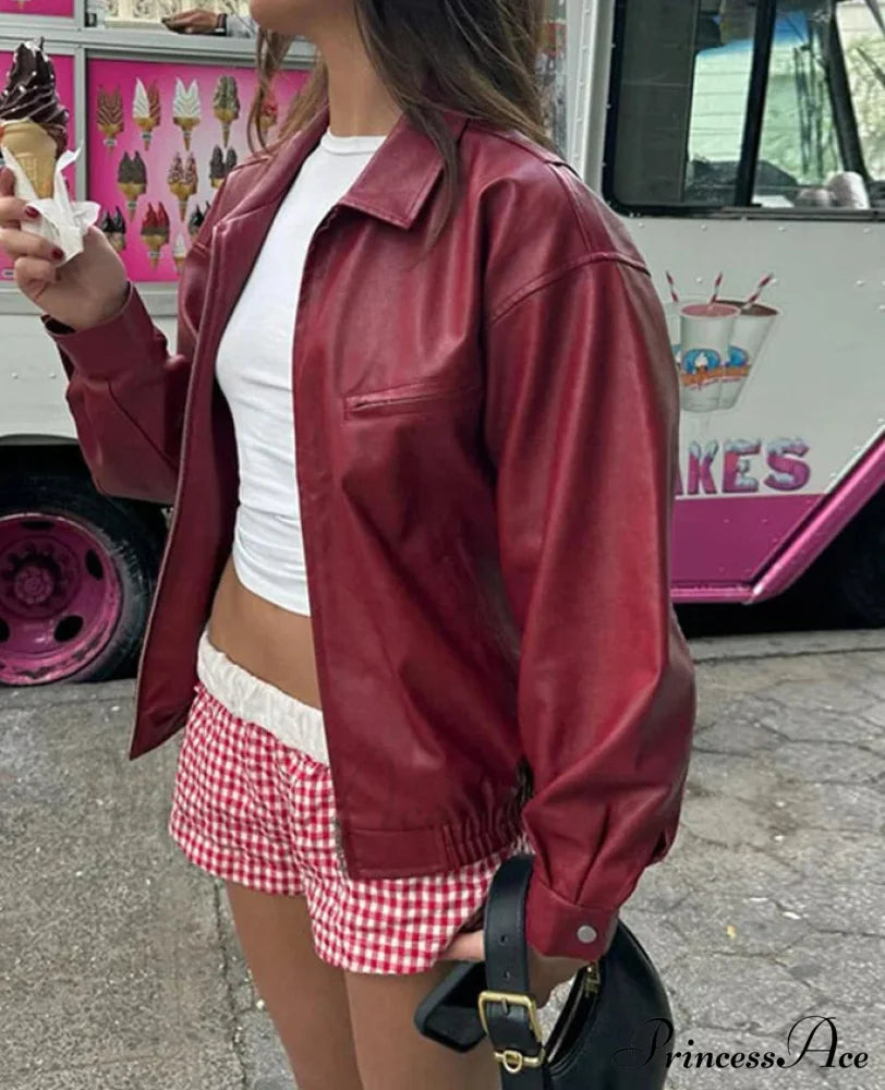 Red Wine Leather Lapel Coat - Fashionpara