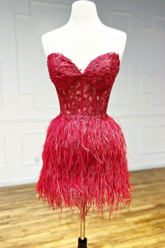 Amina Sheath Sweetheart Lace Feathered Skirt Homecoming Dress - Fashionpara