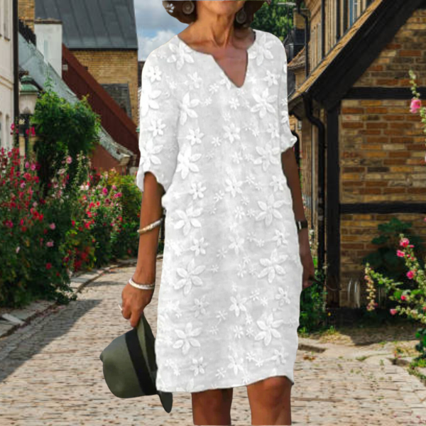 Floral Textured V-Neck Short Sleeve Shift Midi Dress
