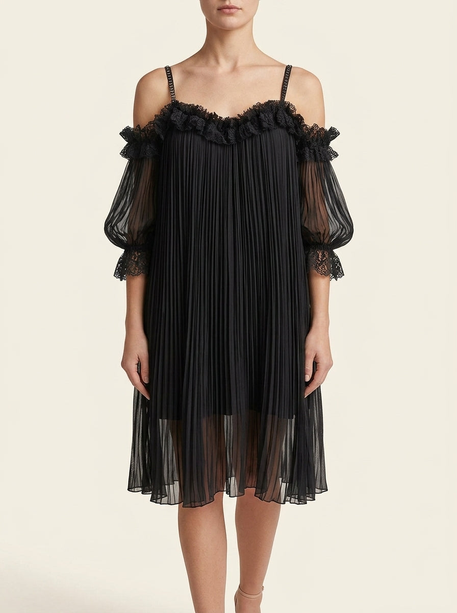 Cold Shoulder Lace Trim Pleated Chiffon Midi Dress