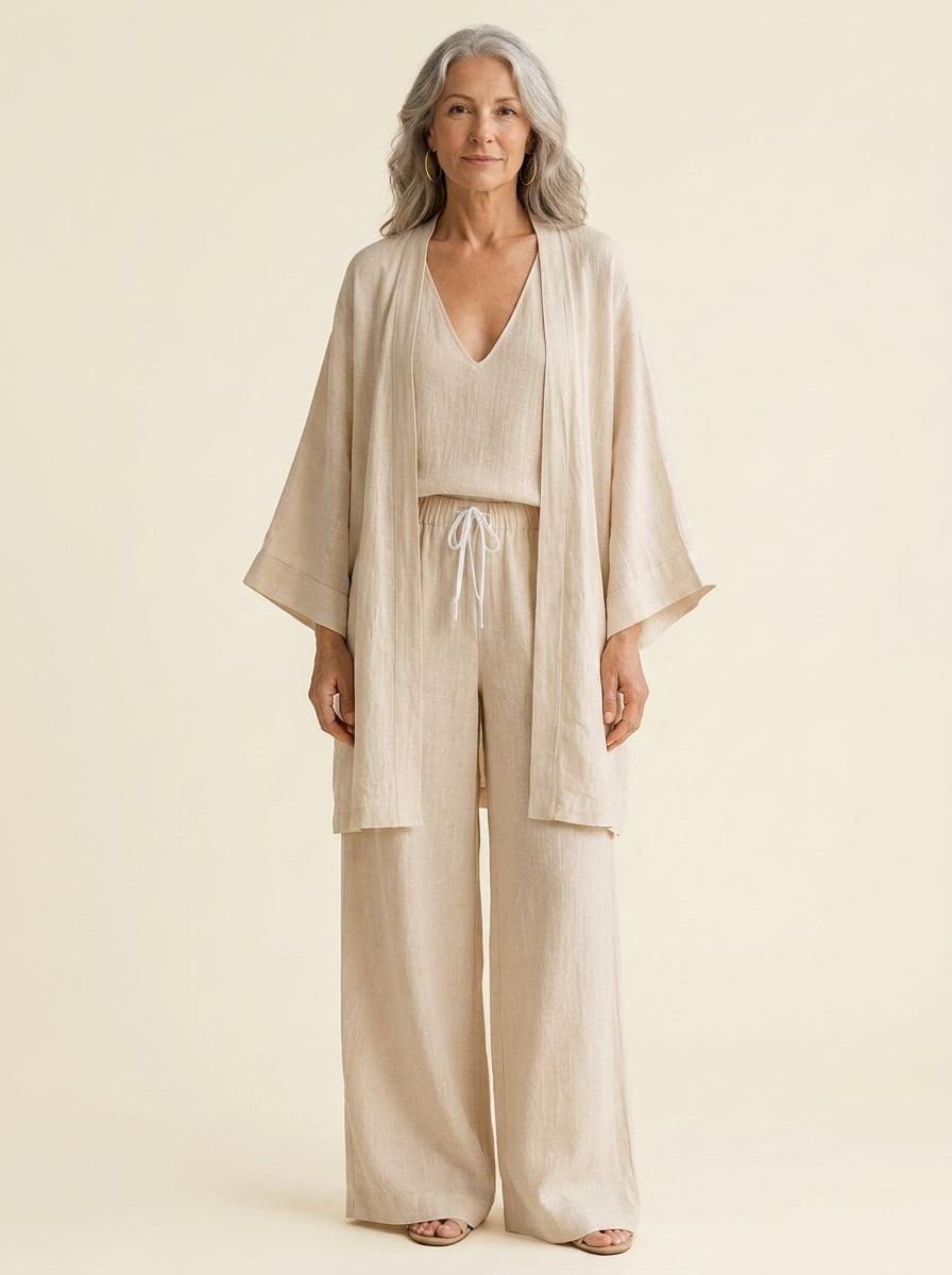 V-Neck Cami Wide Leg Pants and Open Kimono Three Piece Set