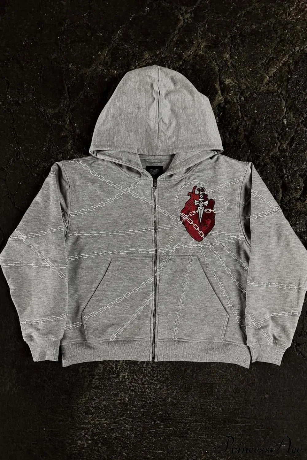 Relaxed Fit Chain Heart 3D Embroidery Print Hoodie Grey / S