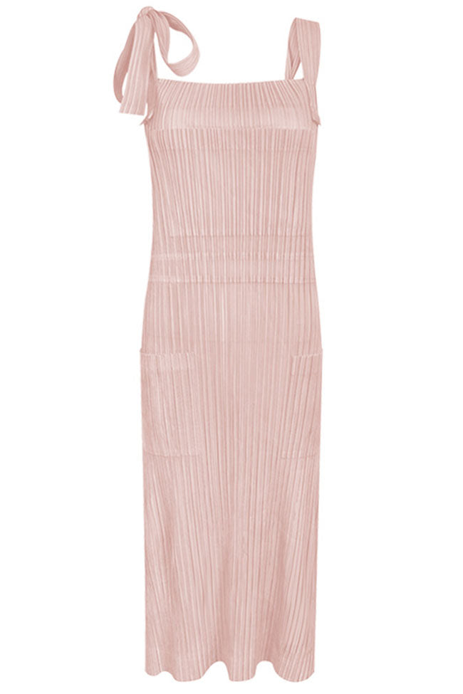 Relaxed Square Neck Tie Strap Pocketed A Line Pleated Midi Sundress - Pink - Fashionpara