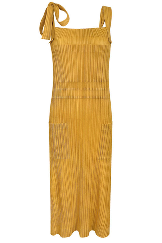 Relaxed Square Neck Tie Strap Pocketed A Line Pleated Midi Sundress - Yellow - Fashionpara