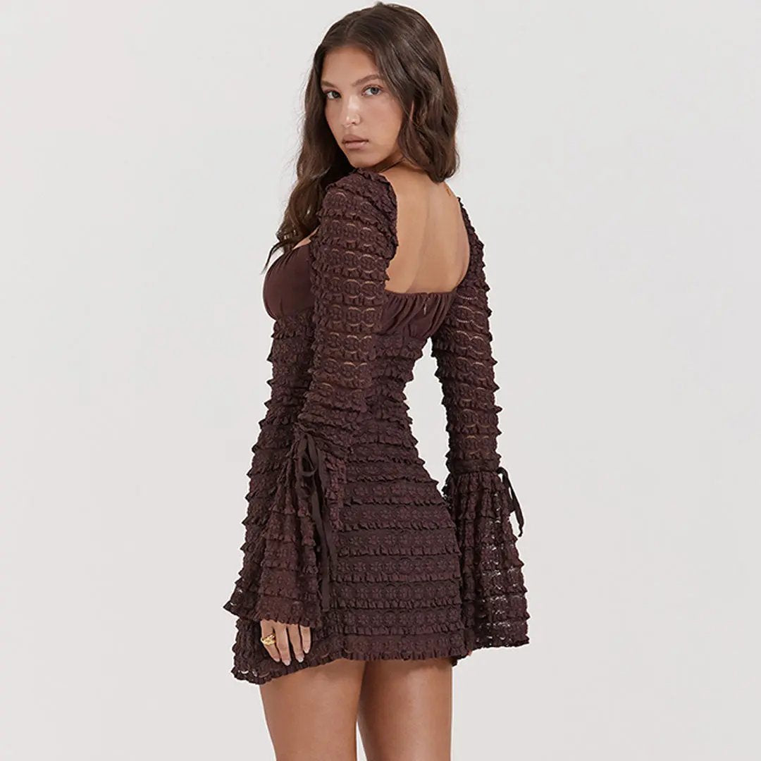 Retro Bow Square Neck Sheer Bell Sleeves Layered Lace Mini Dress - Brown Fashionpara
