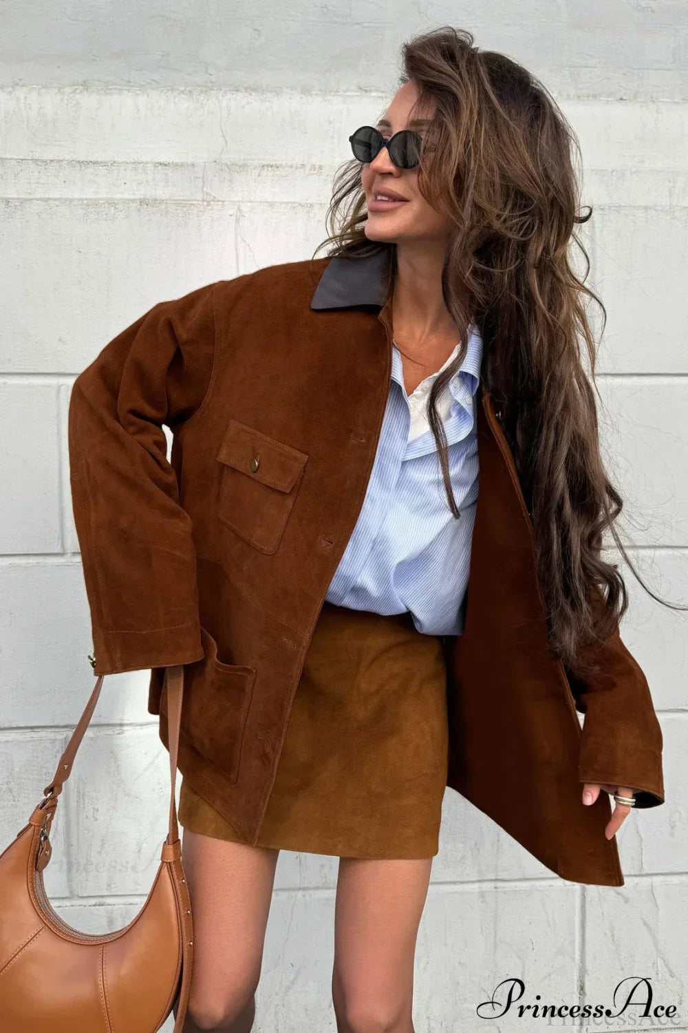 Retro Brown Suede Leather Casual Jacket Brown / S