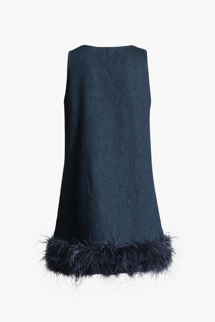 Retro Deep V Neck Sleeveless Faux Feather Trim Denim Mini Sundress - Fashionpara