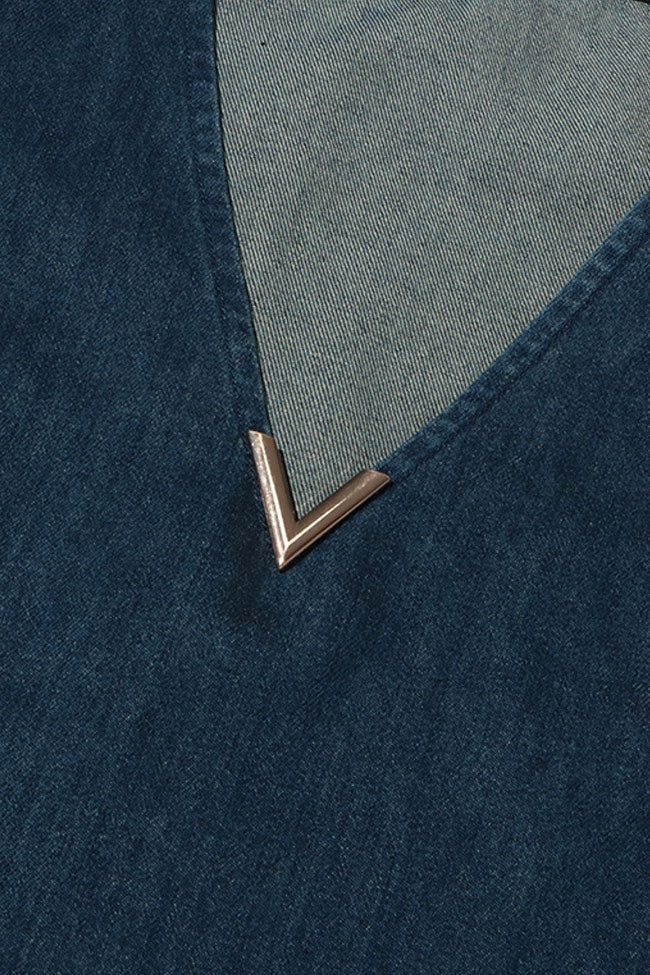 Retro Deep V Neck Sleeveless Faux Feather Trim Denim Mini Sundress - Fashionpara