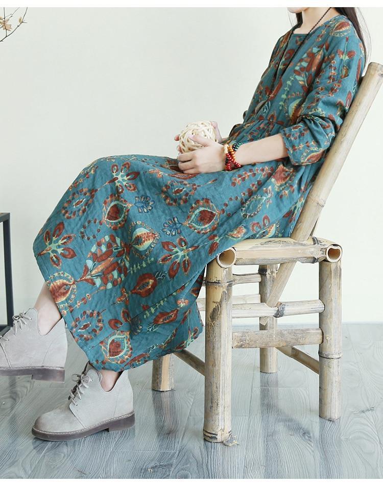 Ethnic Print Round Neck Long Sleeve A-Line Maxi Dress 3
