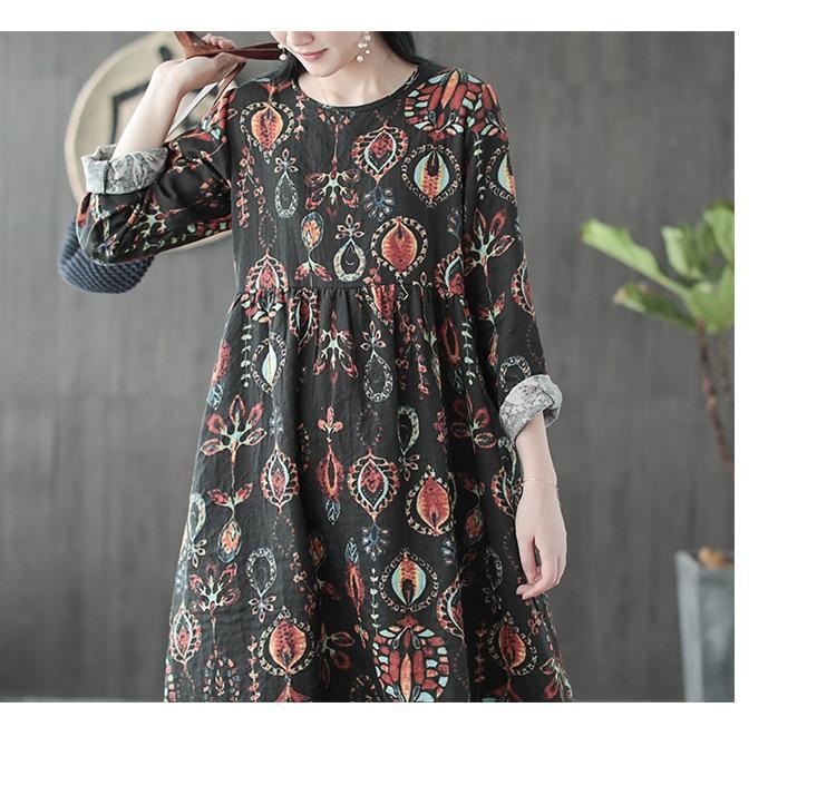 Ethnic Print Round Neck Long Sleeve A-Line Maxi Dress 7