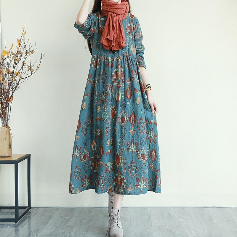 Ethnic Print Round Neck Long Sleeve A-Line Maxi Dress