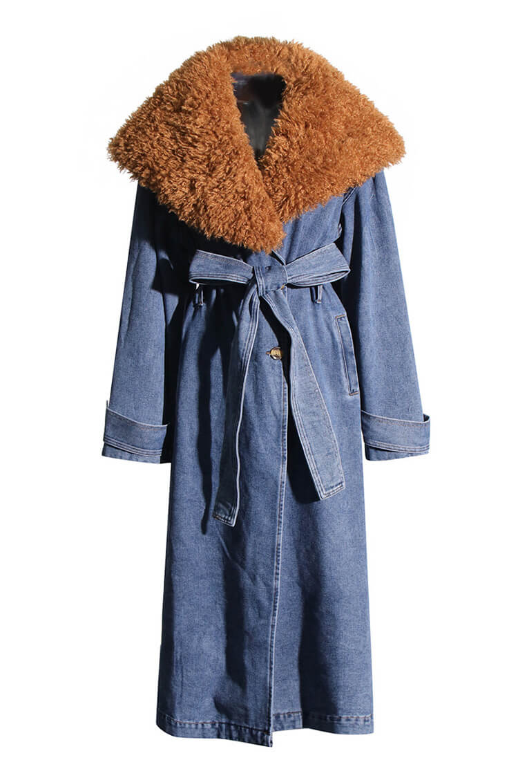 Chic Rosedress Denim Trench Coat with Faux Fur Collar