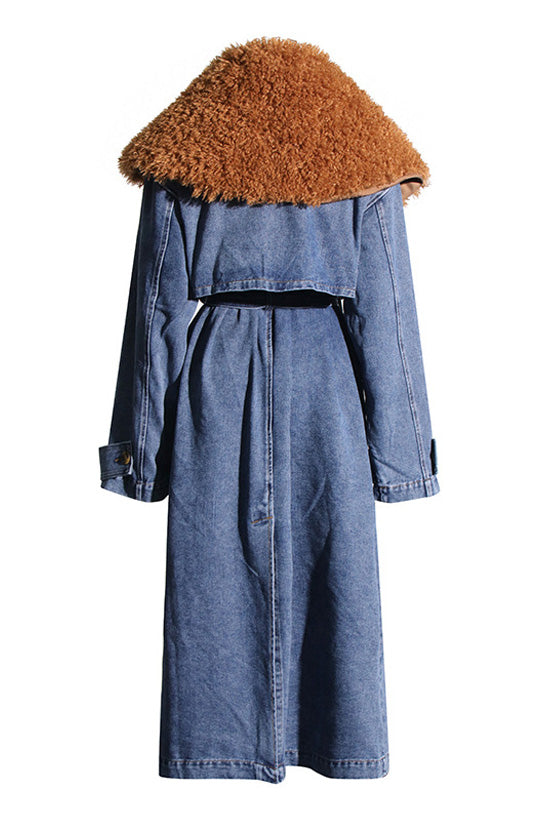 Chic Rosedress Denim Trench Coat with Faux Fur Collar
