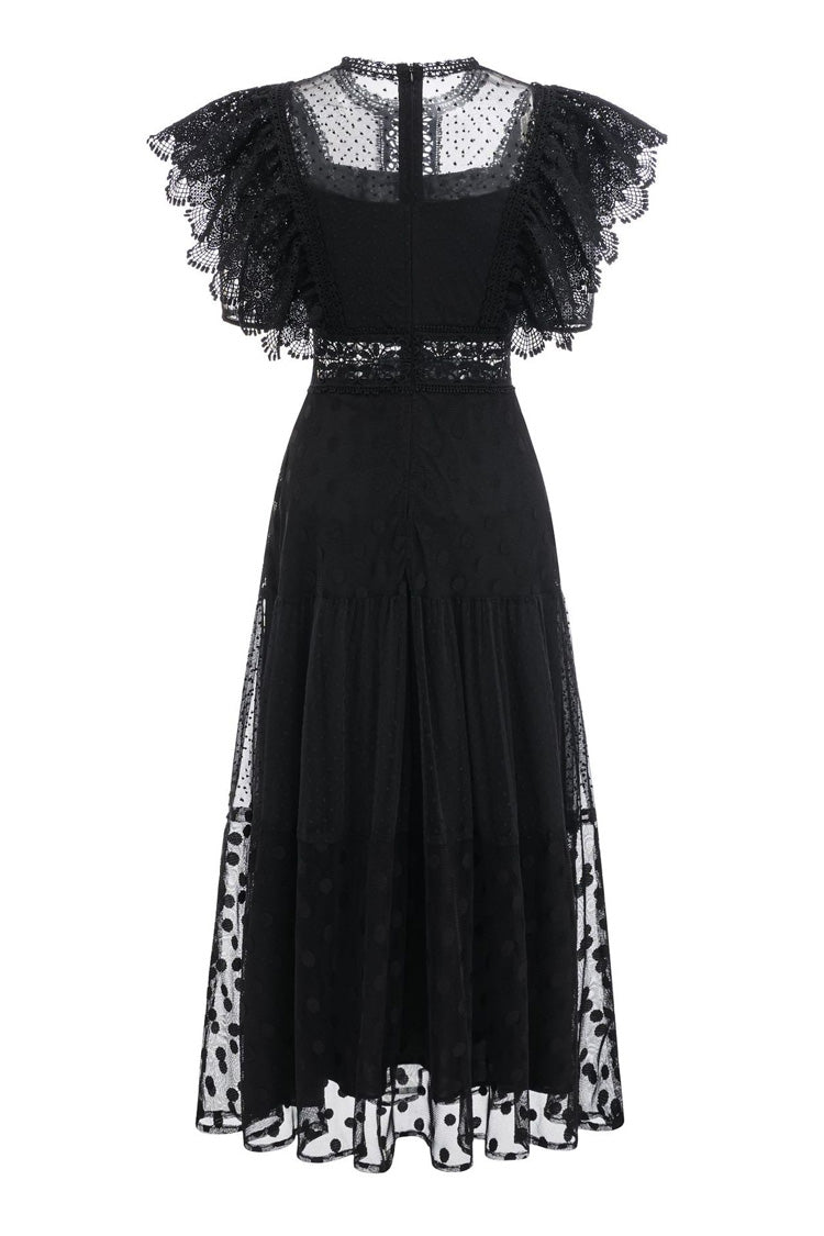 Retro Floral Embroidered Butterfly Sleeve Polka Dot Tulle Evening Maxi Dress - Fashionpara
