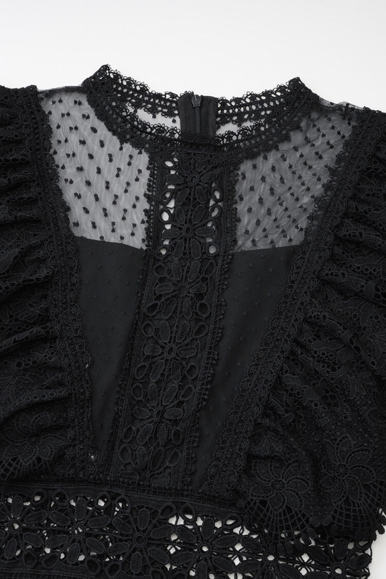 Retro Floral Embroidered Butterfly Sleeve Polka Dot Tulle Evening Maxi Dress - Fashionpara