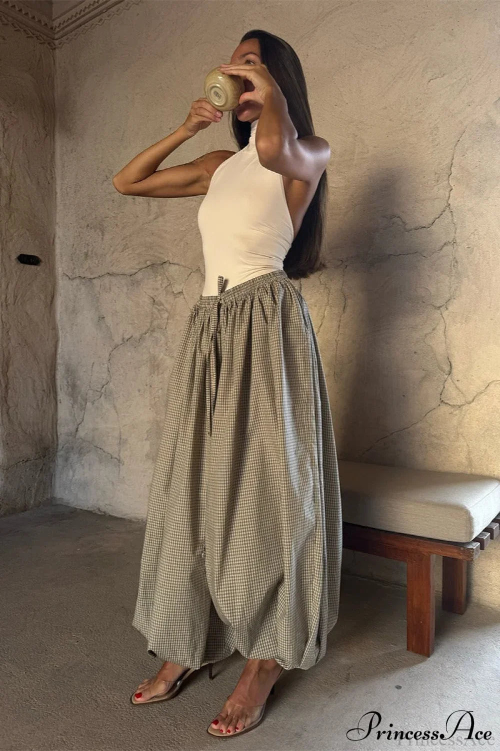 Retro Plaid Loose Fit Bloomers Pants Khaki / S