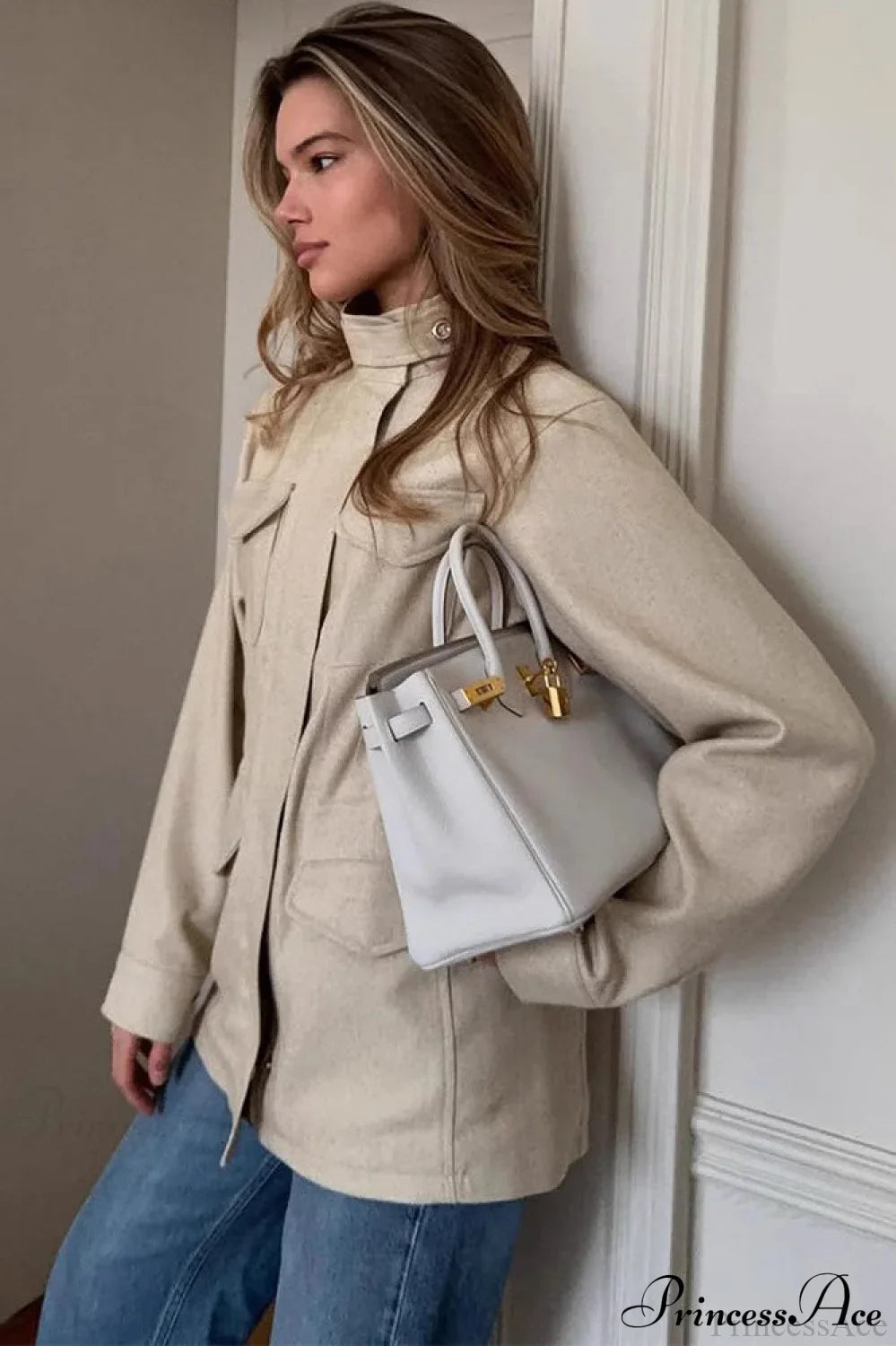 Retro Solid Collared Elastic-Waist Long-Sleeve Trench Jacket