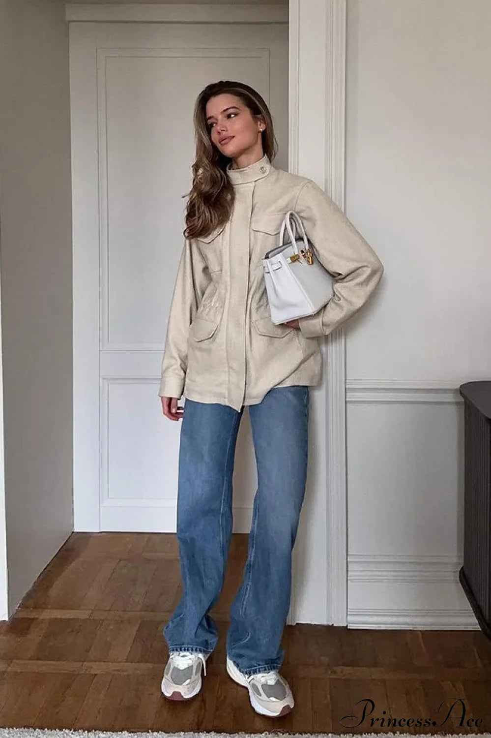 Retro Solid Collared Elastic-Waist Long-Sleeve Trench Jacket