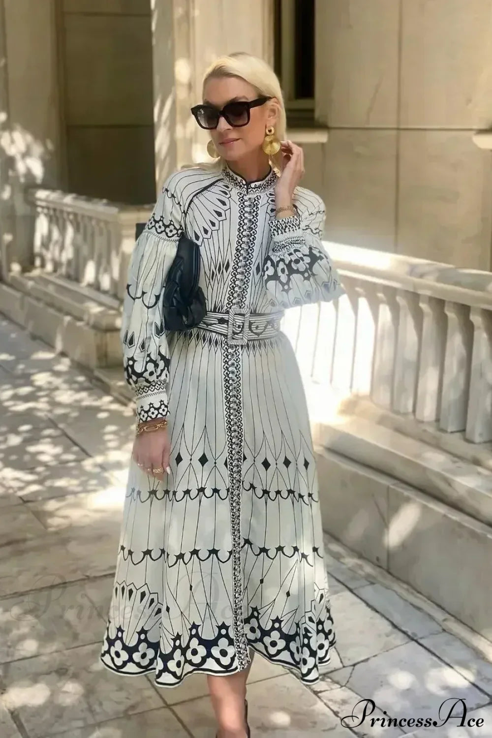 Retro Stand Collar Belted Boho Dress