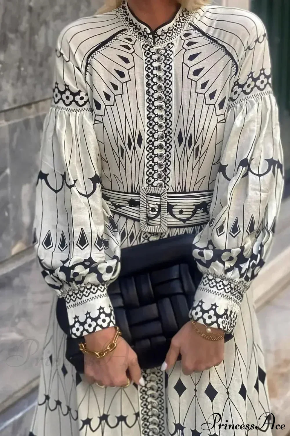 Retro Stand Collar Belted Boho Dress