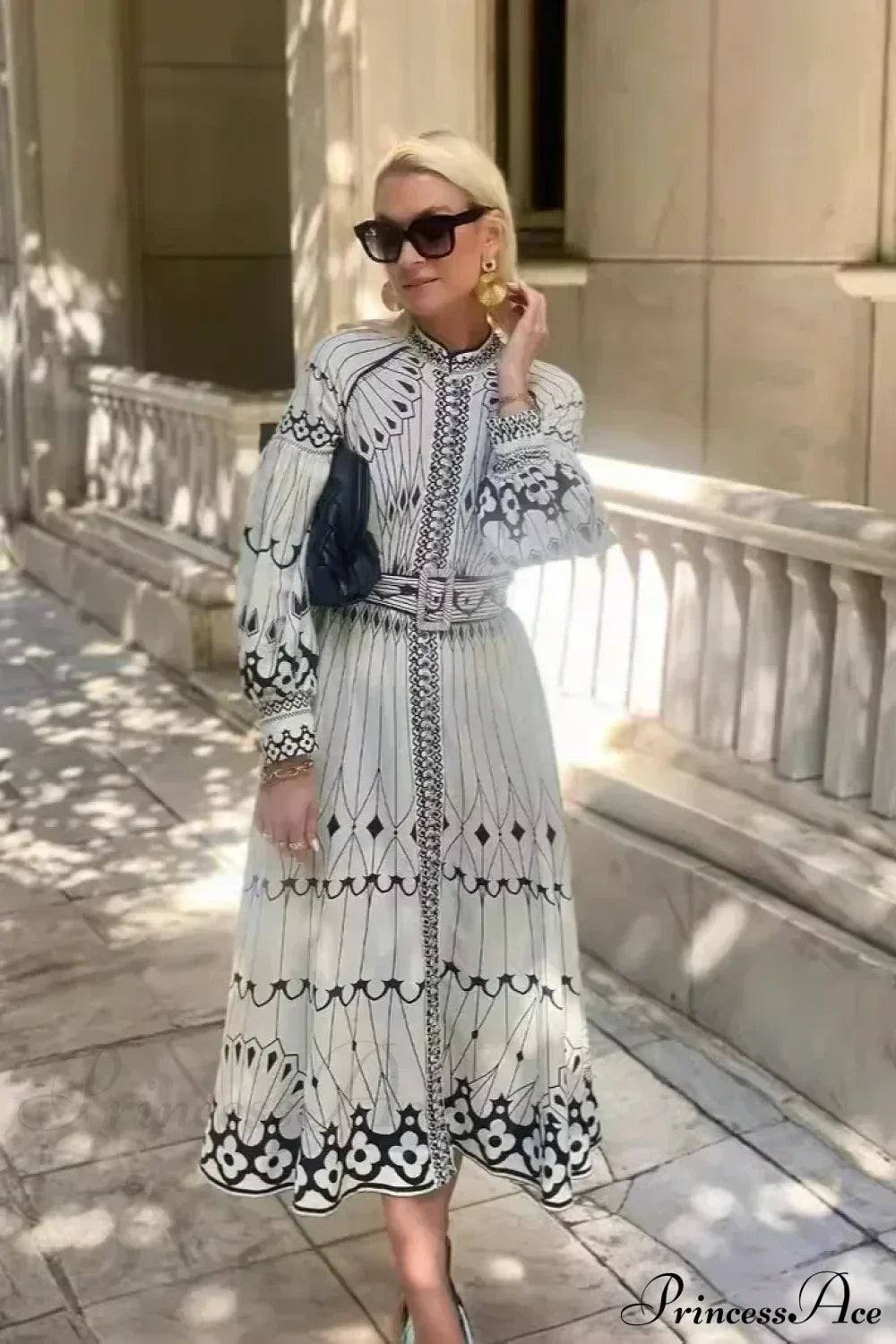 Retro Stand Collar Belted Boho Dress