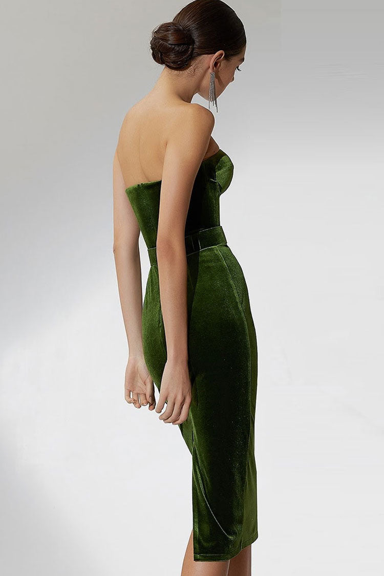Retro Sweetheart Strapless Velvet Cocktail Party Midi Dress - Green - Fashionpara
