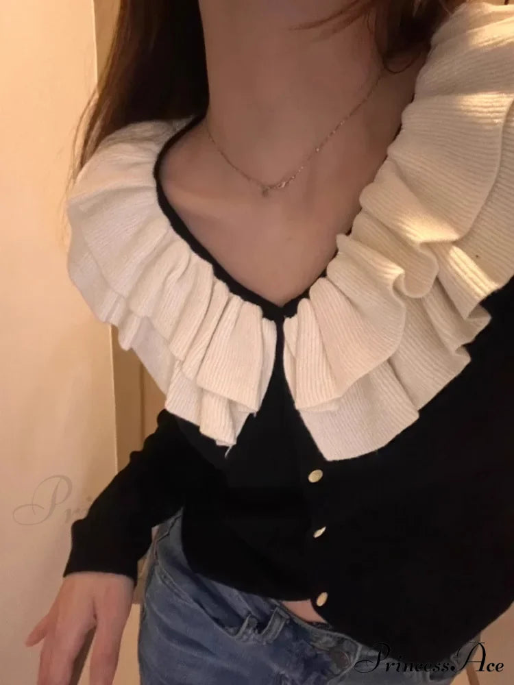 Retro U-Neck Ruffles Knitted Slim Fit Long Sleeve Cardigan Christmas Sweater