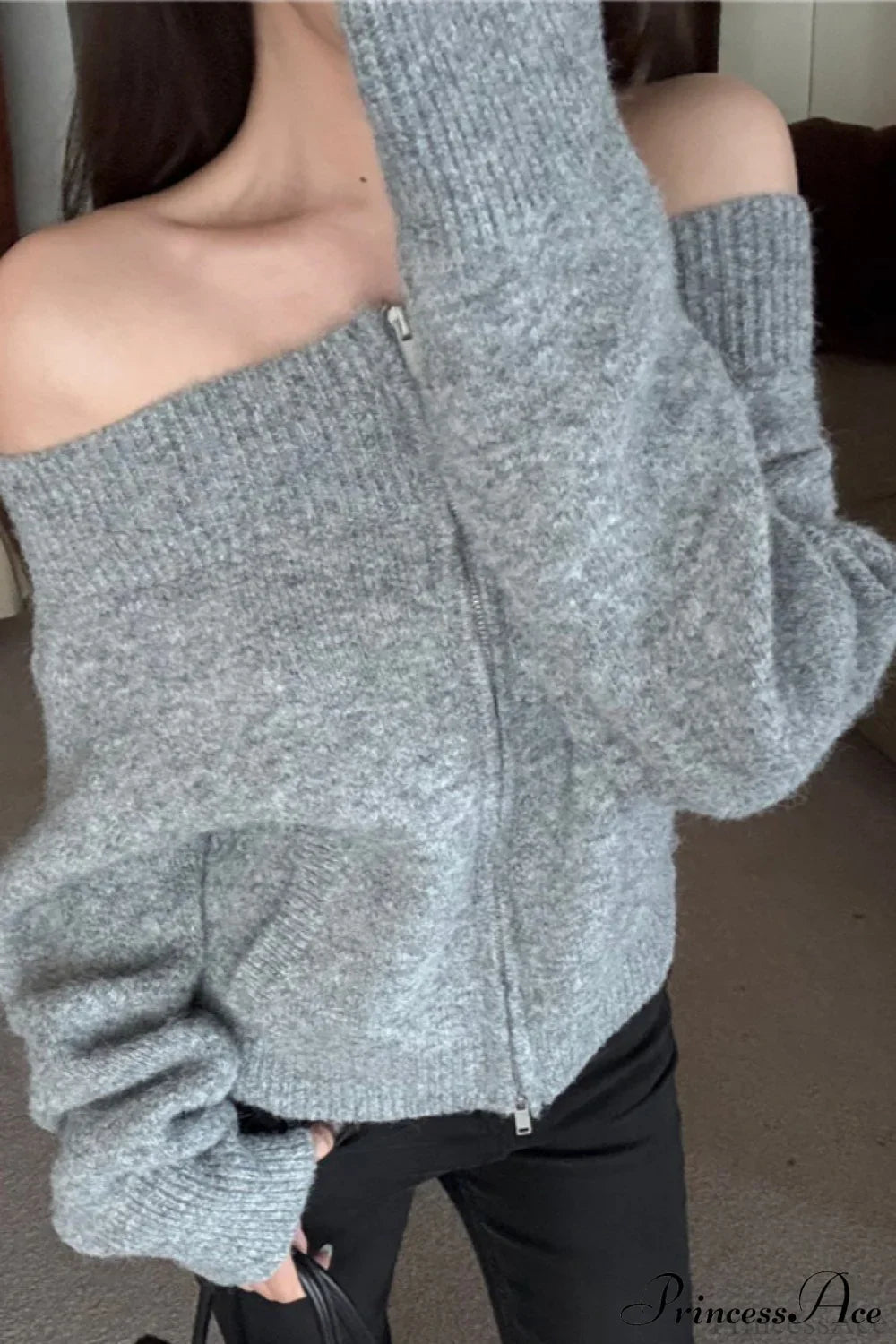 Chic Retro Zip Off-Shoulder Slim-Fit Cardigan for All