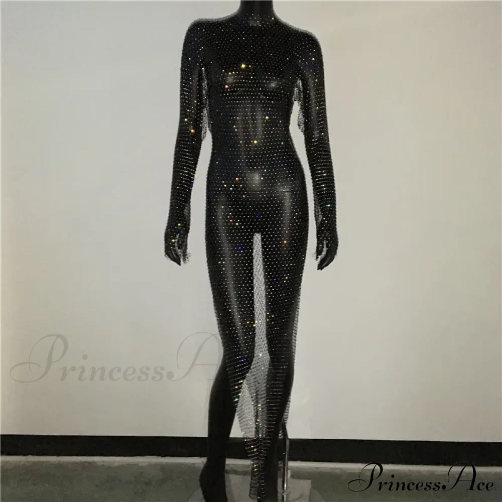 Rhinestone Fishnet Long Sleeve Party Dress Black Split / One Size Partydress-241208