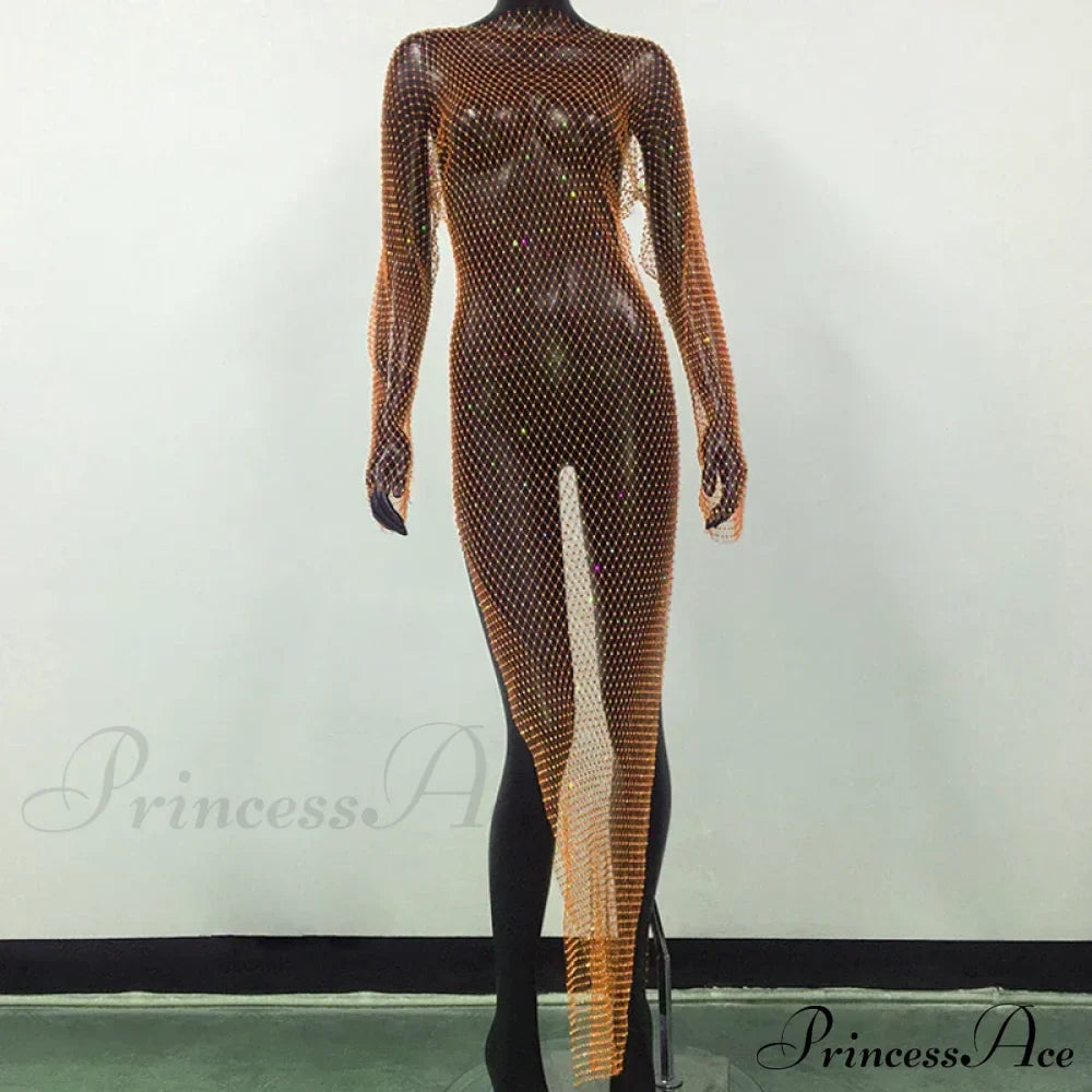 Rhinestone Fishnet Long Sleeve Party Dress Orange Split / One Size Partydress-241208