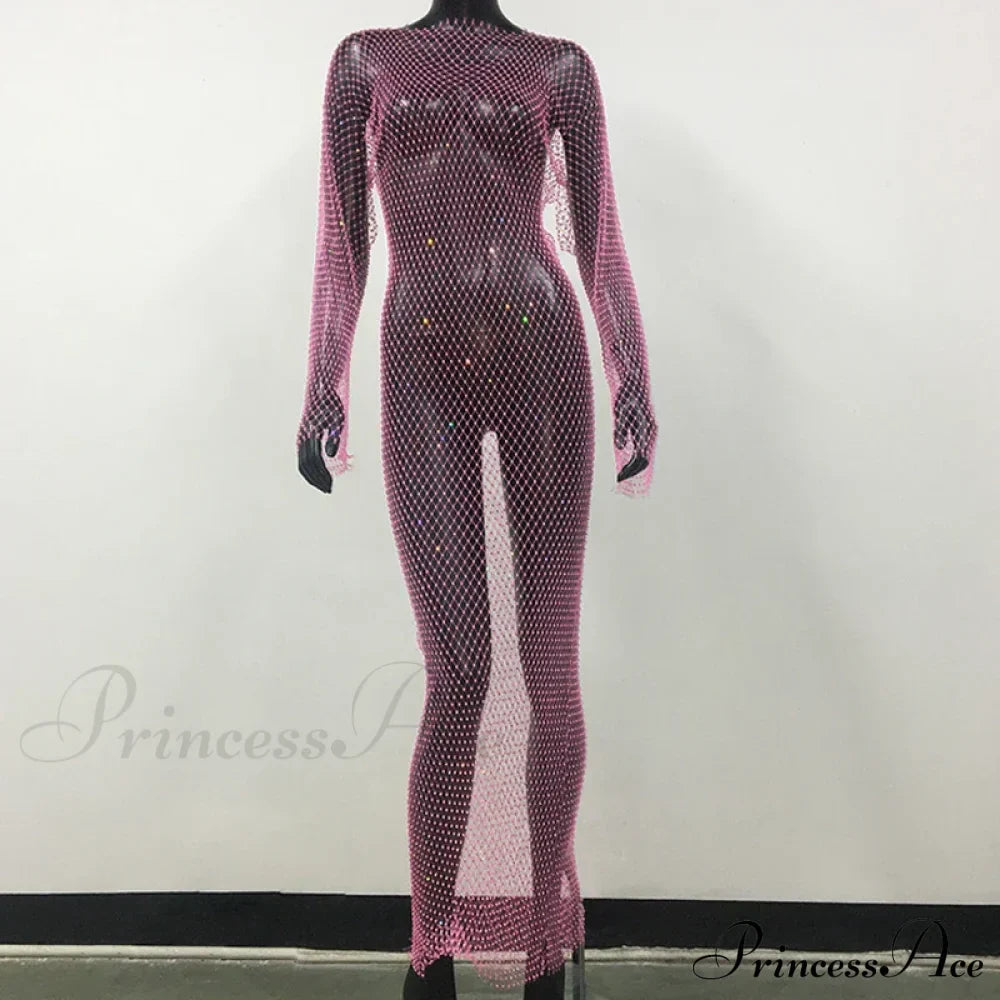 Rhinestone Fishnet Long Sleeve Party Dress Pink Normal / One Size Partydress-241208