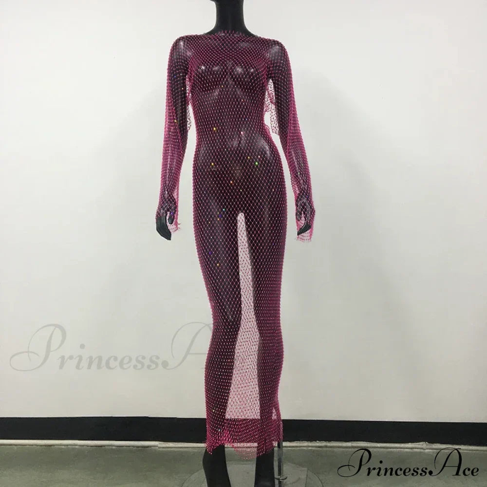 Rhinestone Fishnet Long Sleeve Party Dress Rose Red Normal / One Size Partydress-241208